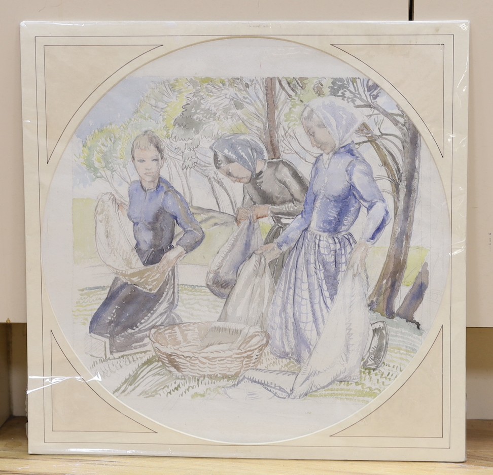 Averil Burleigh (1883-1949), watercolour, Study for Washerwomen, tondo, 47cm unframed